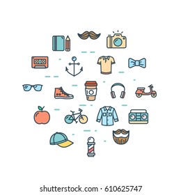 Hipster Icon Round Design Template Thin Line Set. Modern Style Vector illustration