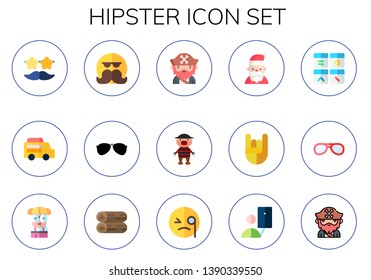 hipster icon set. 15 flat hipster icons.  Collection Of - sunglasses, food truck, moustache, beard, characters, santa claus, heavy metal, shape, nerd, woods, monocle, selfie