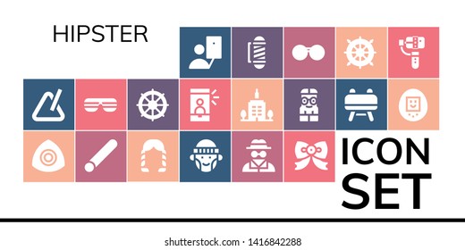 hipster icon set. 19 filled hipster icons.  Simple modern icons about  - Selfie, Triangle, Chalk, Hairstyle, Hipster, Invisible man, Bow tie, Sunglasses, Helm, Skyscrapper, Nerd