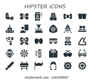  hipster icon set. 30 filled hipster icons. Simple modern icons about  - Tattoo, Bow tie, Selfie, Suspenders, Sunglasses, Skyscrapper, Phonograph, Chalk, Alchemy, Nerd, Triangle
