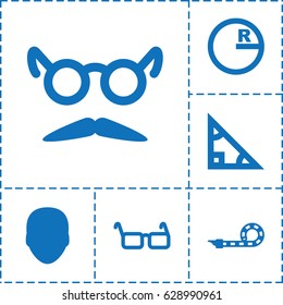 Hipster icon. set of 6 hipster filled icons such as face, mustache and glasses, glasses, party pipe, triangle
