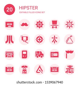 hipster icon set. Collection of 20 filled hipster icons included Cassette, Mustache, Helm, Costume, Atari, Selfie, Characters, Triangle, Gameboy, Food truck, Nerd