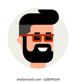 Hipster icon. Vector flat illustration. Smiling bearded man with sunglasses.