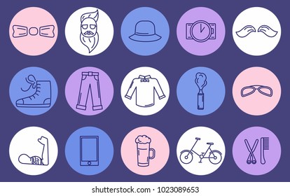 Hipster icons accessories set in line art style with trendy clothing, gadgets, bicycle, icons collection, template for banner, flyer, print, vector illustration