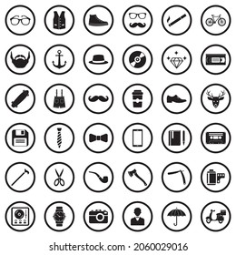 Hipster Icons. Black Flat Design In Circle. Vector Illustration.