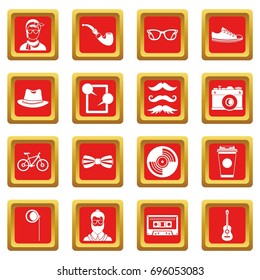 Hipster icons set in red color isolated vector illustration for web and any design