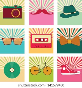 hipster icons set, retro background