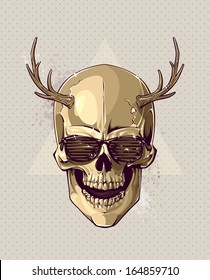 Hipster illustration of gold skull with horns. Vector illustration.