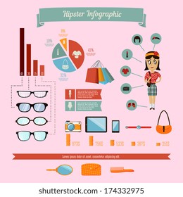 Hipster infographics elements set with geek girl charts and graphs vector illustration