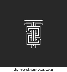 Hipster initials T2 logo, combination letter T number 2 linear black and white minimal style