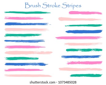 Hipster ink pink blue brush stroke stripes vector set, horizontal marker or paintbrush lines patch. Hand drawn watercolor paint brushes smudge strokes collection. Vector ink traces, color combinations