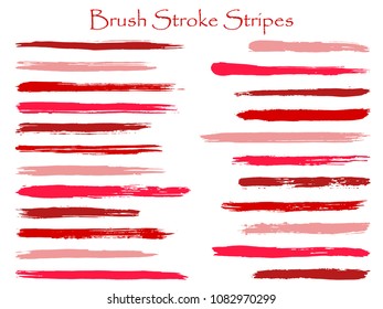 Hipster ink pink brush stroke stripes vector set, horizontal marker or paintbrush lines patch. Hand drawn watercolor paint brushes, smudge strokes collection. Interior paint color palette swatches.