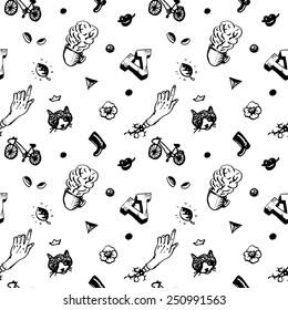 Hipster ink seamless pattern. With different things and people heads. Vintage and retro style. Black and white.