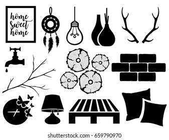 Hipster interior home design icon set vector
