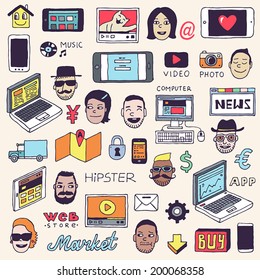 Hipster internet devices doodle set. Vector illustration.