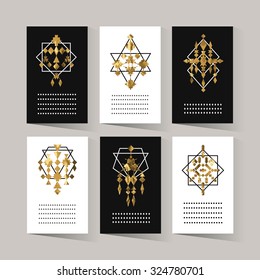 Hipster invitation set in boho, tribal, ethnic style. Hipster style for Invitation, business contemporary design. Geometric labels for logo design. Vector abstract card templates. Gold print