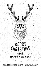 Hipster jacalope vector illustration. Horned rabbit retro poster. Bunny with horns t-shirt grunge print. Fantasy Merry Christmas card or poster idea.