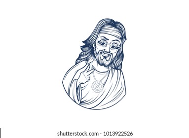 Hipster Jesus line art. Vector Illustration. Isolated on white background.