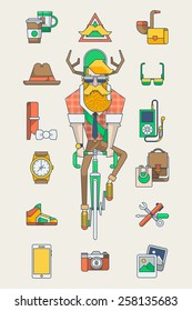 Hipster Kit, hipster on a bike with vector elements. line style