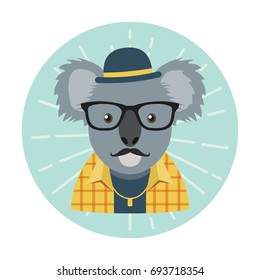 Hipster koala with glasses, mustache, bowler hat and necklace