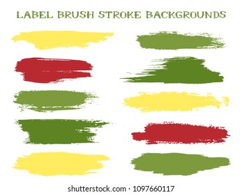 Hipster label brush stroke backgrounds, paint or ink smudges vector for tags and stamps design. Painted label backgrounds patch. Vector ink traces, color combinations. Ink smudges, stains, green spots