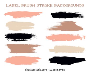 Hipster label brush stroke backgrounds, paint or ink smudges vector for tags and stamps design. Painted label backgrounds patch. Interior colors guide book elements. Ink dabs, pink black splashes.