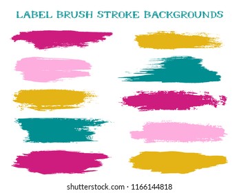 Hipster label brush stroke backgrounds, paint or ink smudges vector for tags and stamps design. Painted label backgrounds patch. Interior colors guide book elements. Ink magenta pink gold green stains