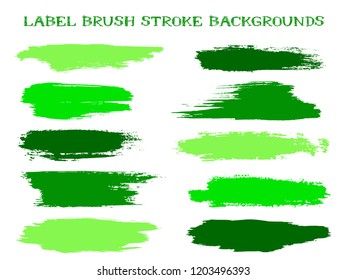 Hipster label brush stroke backgrounds, paint or ink smudges vector for tags and stamps design. Painted label backgrounds patch. Color combinations catalog elements. Ink dabs, jade green splashes.