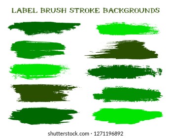 Hipster label brush stroke backgrounds, paint or ink smudges vector for tags and stamps design. Painted label backgrounds patch. Interior paint color palette swatches. Ink dabs, jade green splashes.