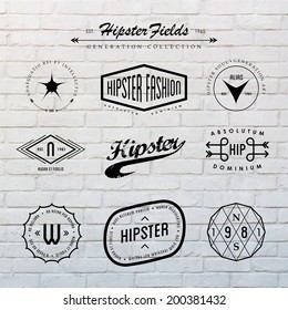 Hipster labels template set with inspiring latin phrases on white brick wall background.