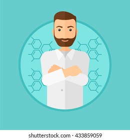 A hipster laboratory assistant with hands crossed. Confident laboratory assistant on a blue background with molecular structure. Vector flat design illustration in the circle isolated on background.