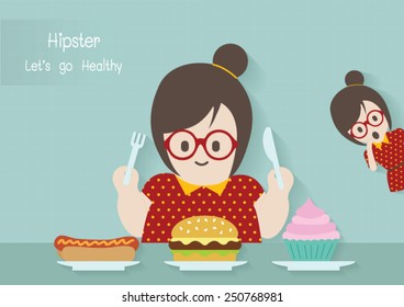Hipster lady enjoy eating fat food vector cartoon.