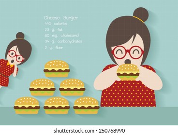 Hipster lady enjoy eating hamburger vector cartoon.