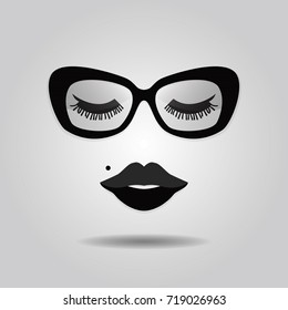 Hipster lady lips   sunglasses and closed eyes icons gray gradient background