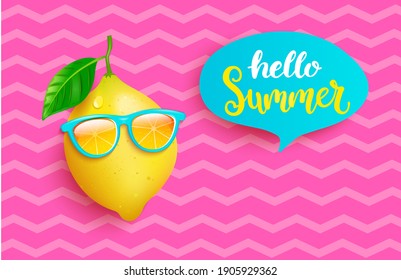 Hipster lemon in orange sunglasses greeting summer on pink vintage background. Welcome banner for hot season. Hello party, fun and picnics. Bright poster with exotic fruit. Vector illustration.