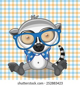 Hipster Lemur on a plaid background 