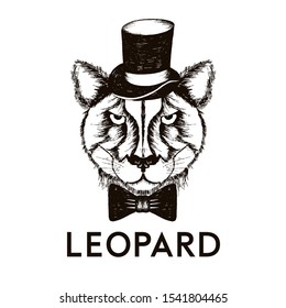 Hipster Leopard Muzzle Wearing Top Hat and Bowtie Vector Hand Drawn Illustration. Artistic Black and White Animal Design