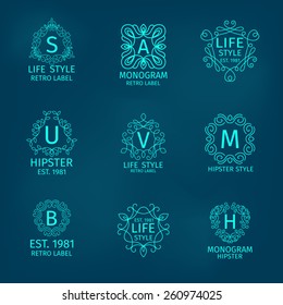 Hipster life style retro monogram classic calligraphic set isolated vector illustration