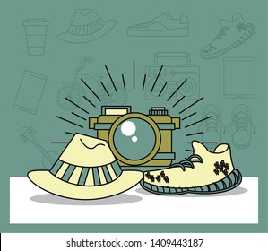 Hipster lifestyle camera shoe and hat cartoons vintage colors vector illustration graphic design