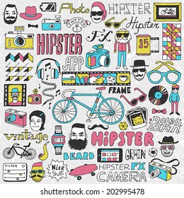 Hipster lifestyle colorful doodle set. Hand drawn vector illustration.