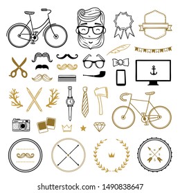 Hipster lifestyle cute elements on white background. Vector collection with wreaths, arrows, labels illustrations