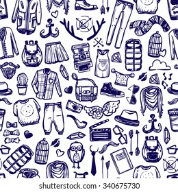 Hipster lifestyle distinctive fashion clothing and accessories decorative seamless tileable pattern dark marine doodle abstract vector illustration