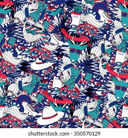 Hipster lifestyle fashion clothing and accessories decorative seamless tileable blue and red pattern abstract vector illustration