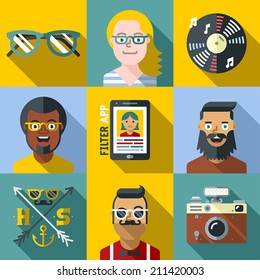 Hipster lifestyle flat long shadow design square icon set 3. Trendy illustrations.