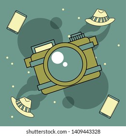 Hipster lifestyle photograhic camera with hat and smartphones cartoons vector illustration graphic design