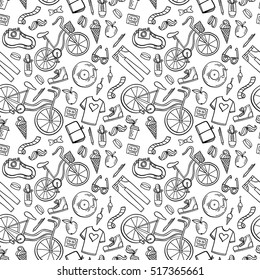 Hipster lifestyle seamless pattern background. Hand drawn vector illustration with bicycle, ice cream, t-shirt, apple, mustache and coffee.