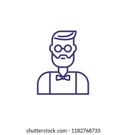 Hipster line icon. Bearded man in glasses and bow tie. Lifestyle concept. Can be used for topics like fashion, trend, hairstyle, barbershop