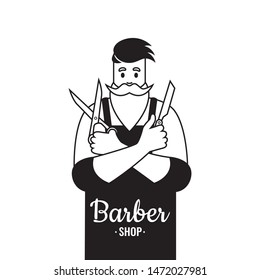 Hipster linear Barber man. Hipster holds scissors and a razor in hands. Vector illustration.