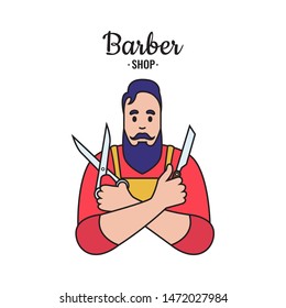 Hipster linear Barber man. Hipster holds scissors and a razor in hands. Vector illustration.