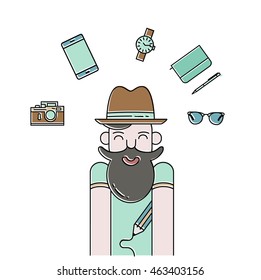  Hipster linear vector illustration. Smiling bearded man and gadgets icons